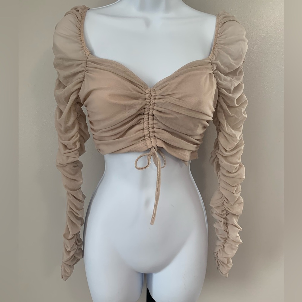 Privy Taupe Ruched Long Sleeve Crop Top
